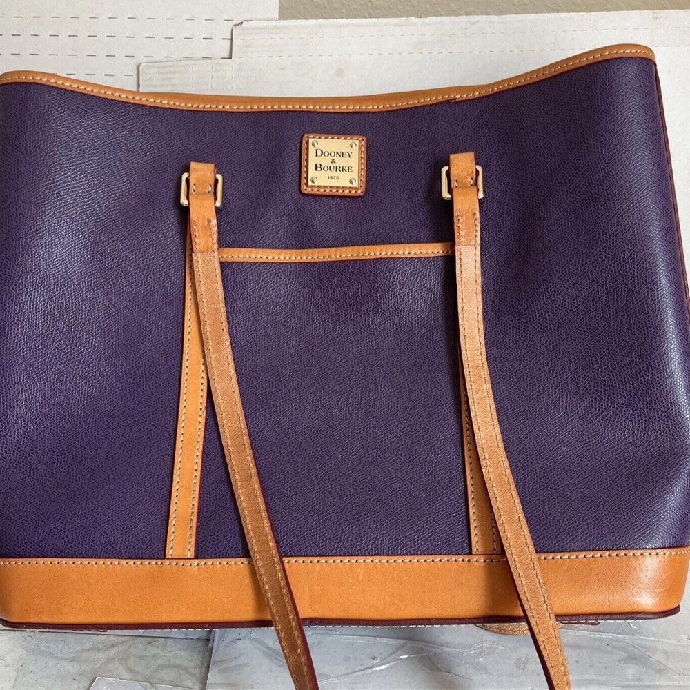 Dooney & Bourke Vintage Tote Bag  Navy Blue With Brown Accents Pebble Grain